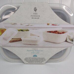 Pioneer Woman Vintage Lace Nesting Bowls Lids 6pc Set Rectangular Ceramic Linen